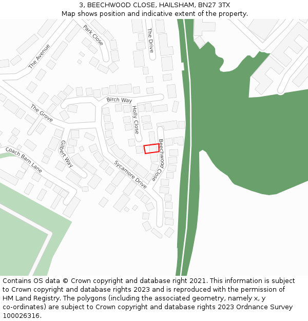3, BEECHWOOD CLOSE, HAILSHAM, BN27 3TX: Location map and indicative extent of plot