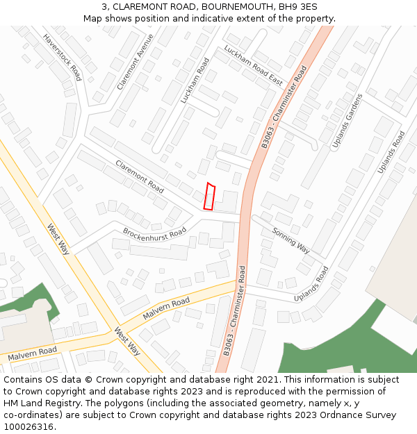 3, CLAREMONT ROAD, BOURNEMOUTH, BH9 3ES: Location map and indicative extent of plot