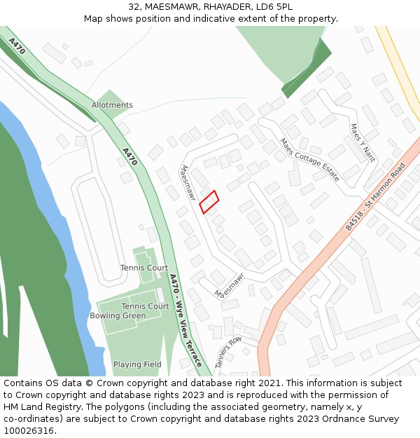 32, MAESMAWR, RHAYADER, LD6 5PL: Location map and indicative extent of plot