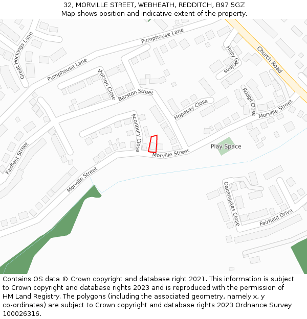 32, MORVILLE STREET, WEBHEATH, REDDITCH, B97 5GZ: Location map and indicative extent of plot