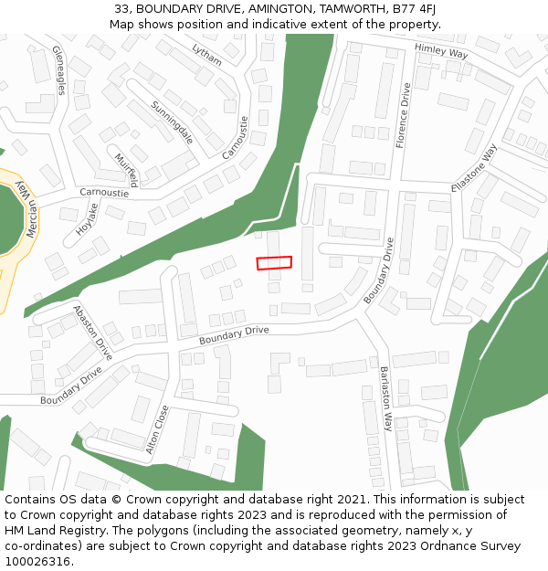 33, BOUNDARY DRIVE, AMINGTON, TAMWORTH, B77 4FJ: Location map and indicative extent of plot