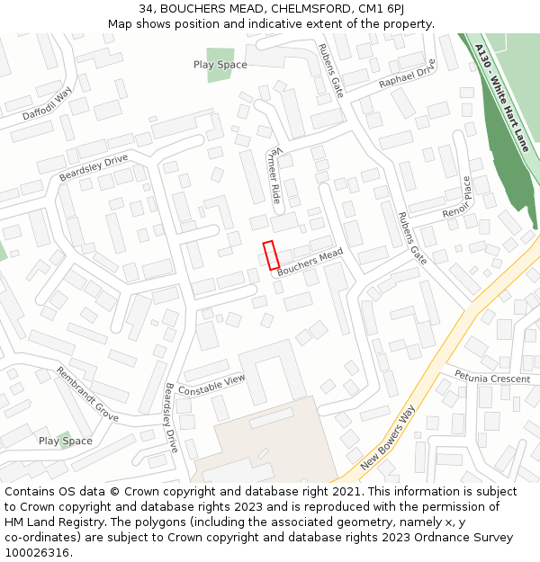 34, BOUCHERS MEAD, CHELMSFORD, CM1 6PJ: Location map and indicative extent of plot
