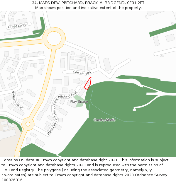 34, MAES DEWI PRITCHARD, BRACKLA, BRIDGEND, CF31 2ET: Location map and indicative extent of plot