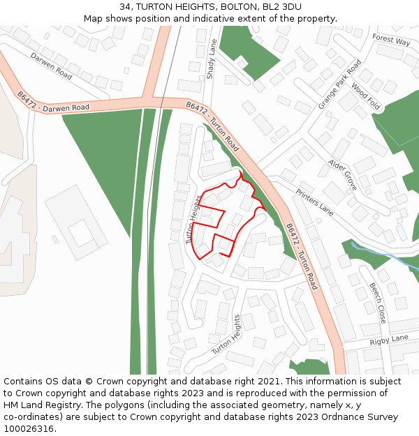 34, TURTON HEIGHTS, BOLTON, BL2 3DU: Location map and indicative extent of plot
