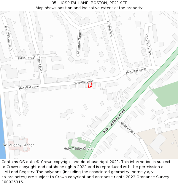 35, HOSPITAL LANE, BOSTON, PE21 9EE: Location map and indicative extent of plot