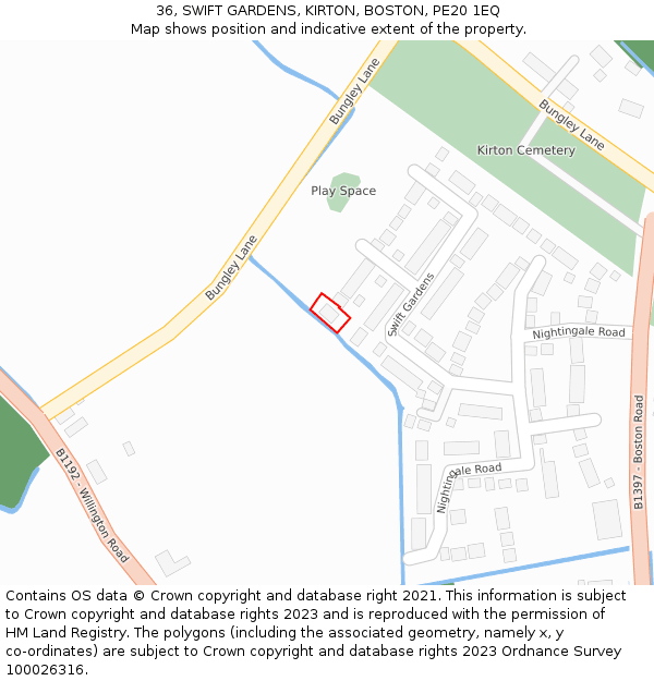 36, SWIFT GARDENS, KIRTON, BOSTON, PE20 1EQ: Location map and indicative extent of plot