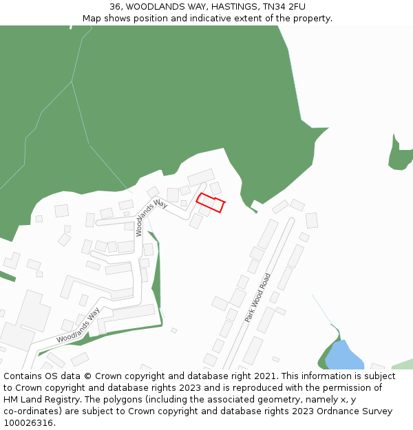 36, WOODLANDS WAY, HASTINGS, TN34 2FU: Location map and indicative extent of plot