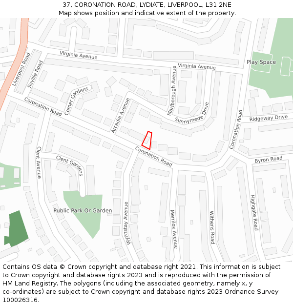 37, CORONATION ROAD, LYDIATE, LIVERPOOL, L31 2NE: Location map and indicative extent of plot
