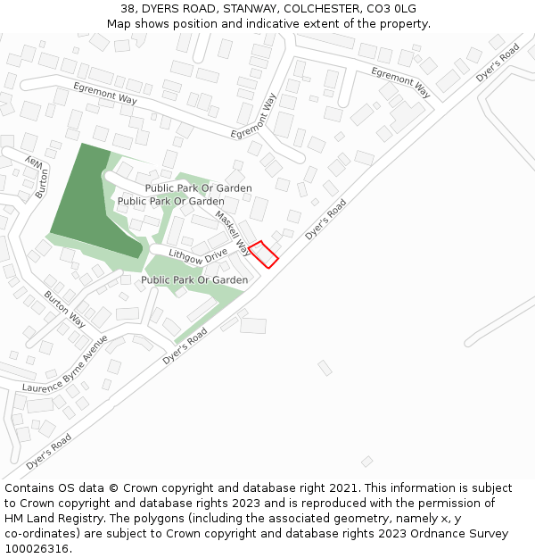 38, DYERS ROAD, STANWAY, COLCHESTER, CO3 0LG: Location map and indicative extent of plot
