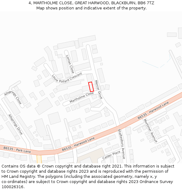 4, MARTHOLME CLOSE, GREAT HARWOOD, BLACKBURN, BB6 7TZ: Location map and indicative extent of plot