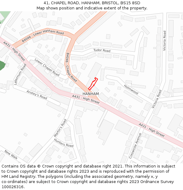 41, CHAPEL ROAD, HANHAM, BRISTOL, BS15 8SD: Location map and indicative extent of plot