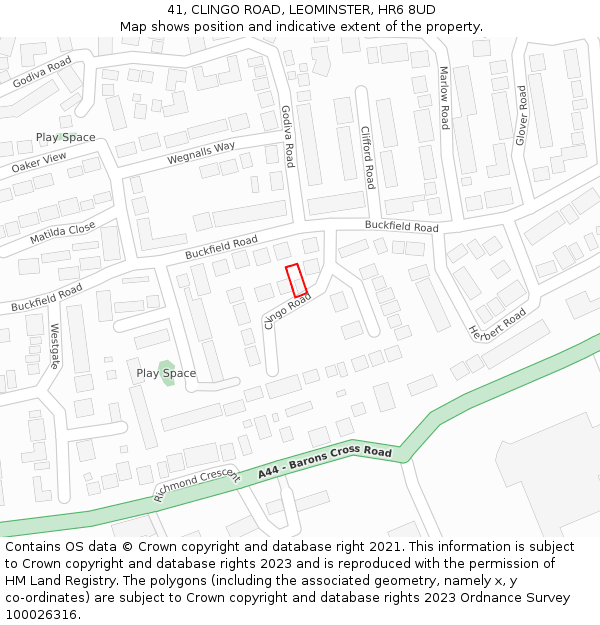 41, CLINGO ROAD, LEOMINSTER, HR6 8UD: Location map and indicative extent of plot