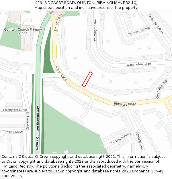 419, RIDGACRE ROAD, QUINTON, BIRMINGHAM, B32 1QJ: Location map and indicative extent of plot