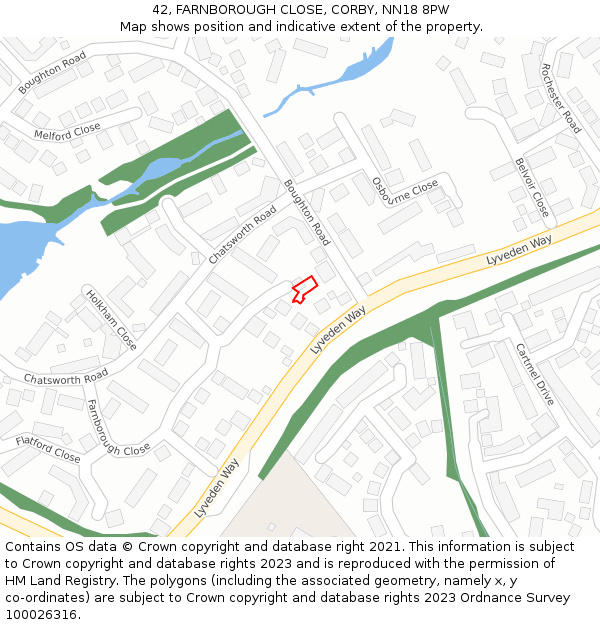 42, FARNBOROUGH CLOSE, CORBY, NN18 8PW: Location map and indicative extent of plot