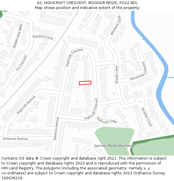 42, HIGHCROFT CRESCENT, BOGNOR REGIS, PO22 8DL: Location map and indicative extent of plot