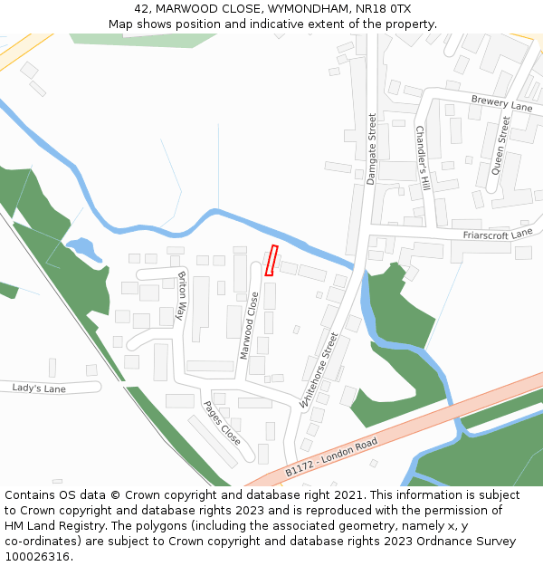 42, MARWOOD CLOSE, WYMONDHAM, NR18 0TX: Location map and indicative extent of plot