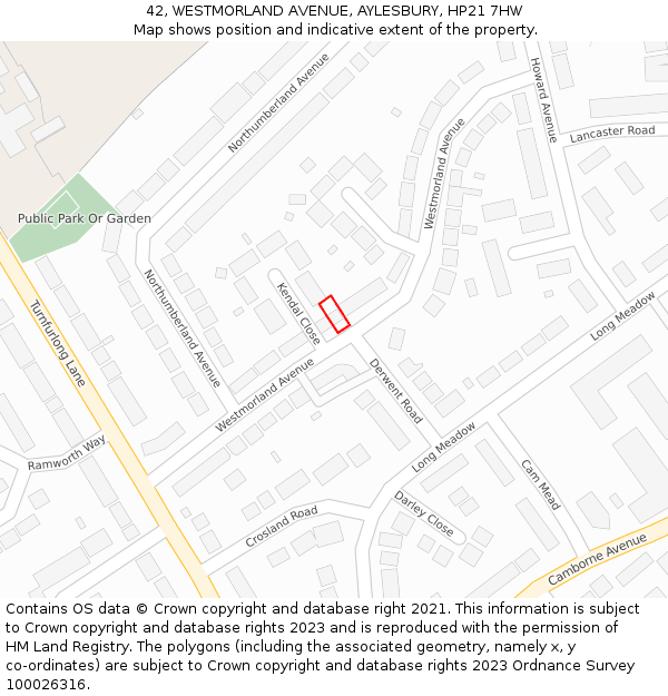 42, WESTMORLAND AVENUE, AYLESBURY, HP21 7HW: Location map and indicative extent of plot