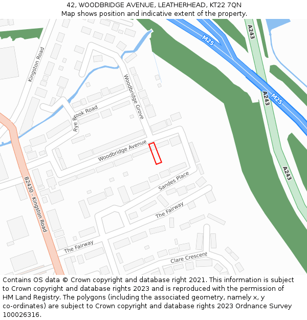 42, WOODBRIDGE AVENUE, LEATHERHEAD, KT22 7QN: Location map and indicative extent of plot