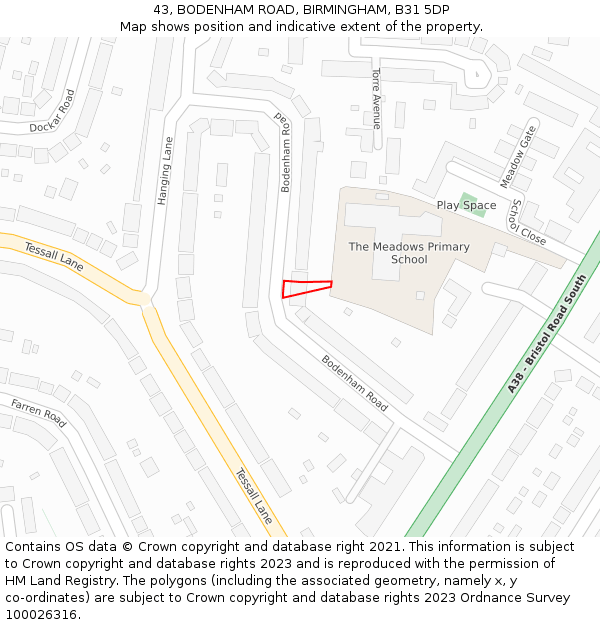 43, BODENHAM ROAD, BIRMINGHAM, B31 5DP: Location map and indicative extent of plot