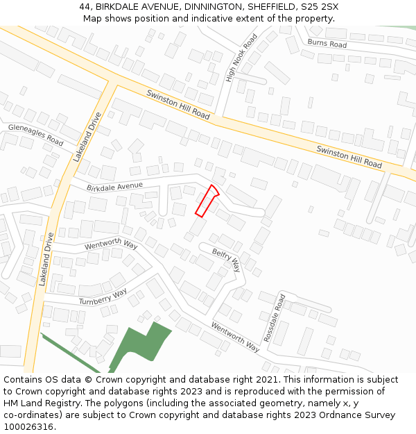 44, BIRKDALE AVENUE, DINNINGTON, SHEFFIELD, S25 2SX: Location map and indicative extent of plot