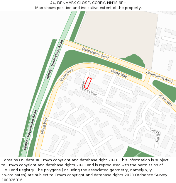 44, DENMARK CLOSE, CORBY, NN18 9EH: Location map and indicative extent of plot