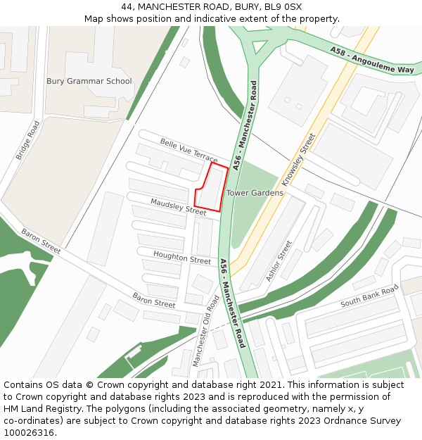 44, MANCHESTER ROAD, BURY, BL9 0SX: Location map and indicative extent of plot