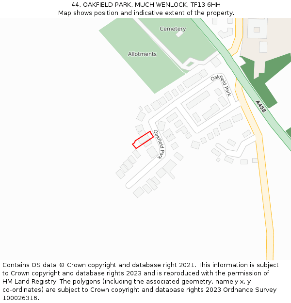 44, OAKFIELD PARK, MUCH WENLOCK, TF13 6HH: Location map and indicative extent of plot