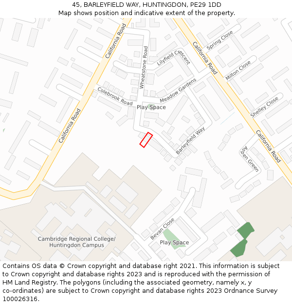 45, BARLEYFIELD WAY, HUNTINGDON, PE29 1DD: Location map and indicative extent of plot