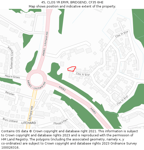 45, CLOS YR ERYR, BRIDGEND, CF35 6HE: Location map and indicative extent of plot