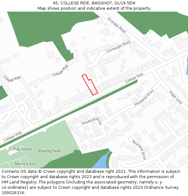 45, COLLEGE RIDE, BAGSHOT, GU19 5EW: Location map and indicative extent of plot