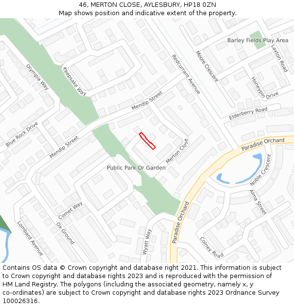 46, MERTON CLOSE, AYLESBURY, HP18 0ZN: Location map and indicative extent of plot