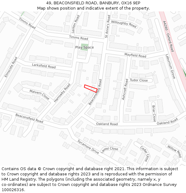 49, BEACONSFIELD ROAD, BANBURY, OX16 9EP: Location map and indicative extent of plot