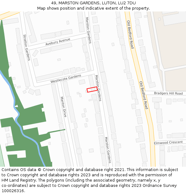 49, MARSTON GARDENS, LUTON, LU2 7DU: Location map and indicative extent of plot