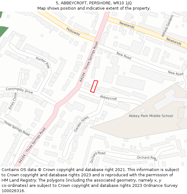 5, ABBEYCROFT, PERSHORE, WR10 1JQ: Location map and indicative extent of plot