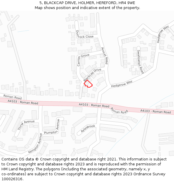 5, BLACKCAP DRIVE, HOLMER, HEREFORD, HR4 9WE: Location map and indicative extent of plot