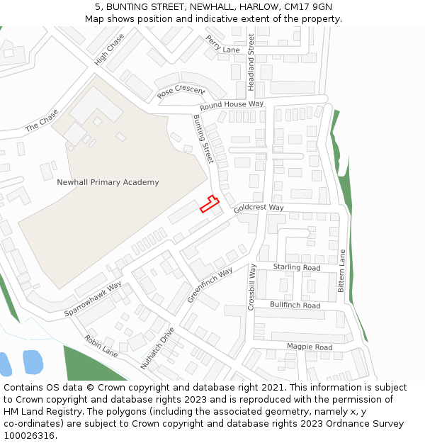 5, BUNTING STREET, NEWHALL, HARLOW, CM17 9GN: Location map and indicative extent of plot