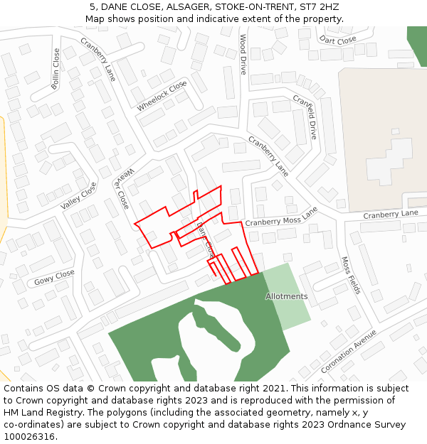 5, DANE CLOSE, ALSAGER, STOKE-ON-TRENT, ST7 2HZ: Location map and indicative extent of plot