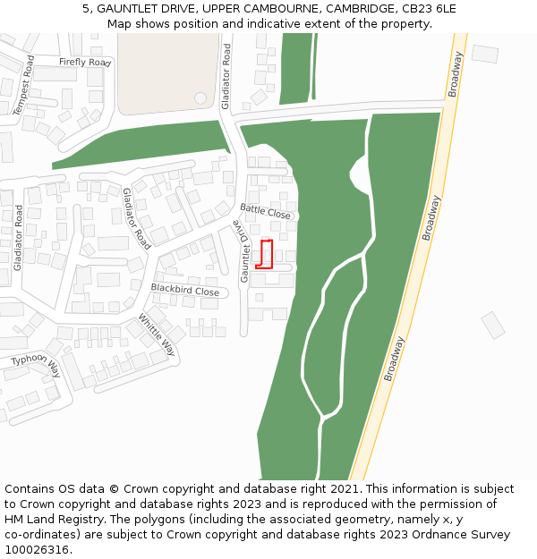 5, GAUNTLET DRIVE, UPPER CAMBOURNE, CAMBRIDGE, CB23 6LE: Location map and indicative extent of plot