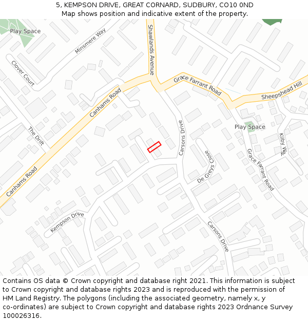 5, KEMPSON DRIVE, GREAT CORNARD, SUDBURY, CO10 0ND: Location map and indicative extent of plot