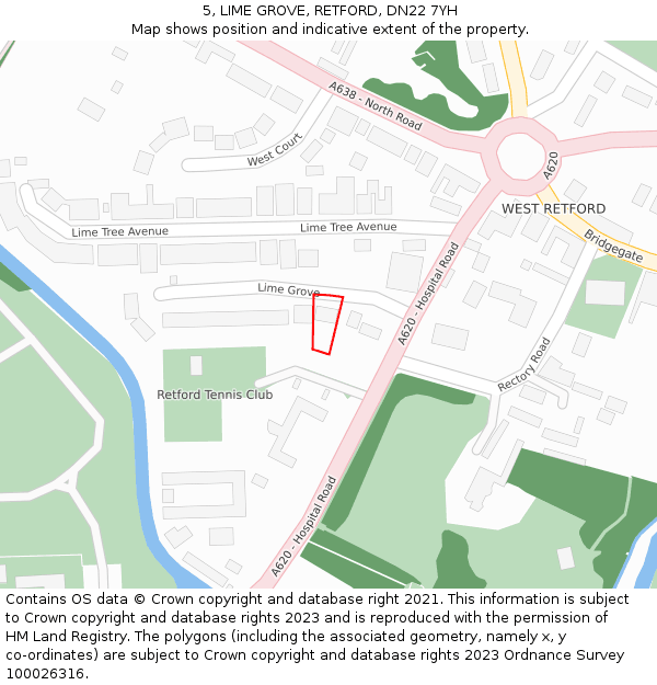5, LIME GROVE, RETFORD, DN22 7YH: Location map and indicative extent of plot