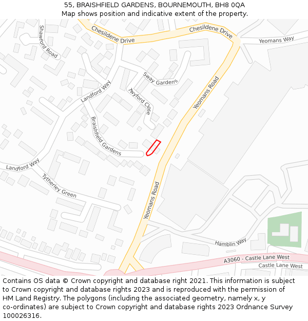 55, BRAISHFIELD GARDENS, BOURNEMOUTH, BH8 0QA: Location map and indicative extent of plot