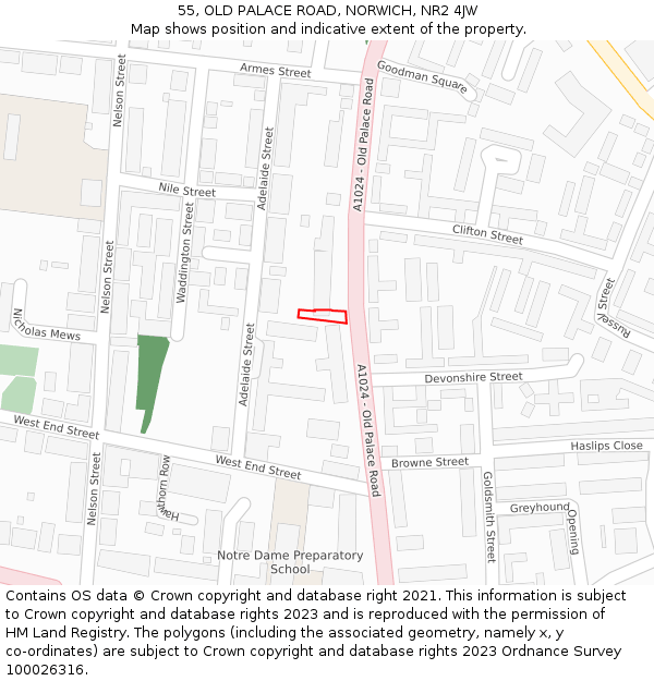 55, OLD PALACE ROAD, NORWICH, NR2 4JW: Location map and indicative extent of plot