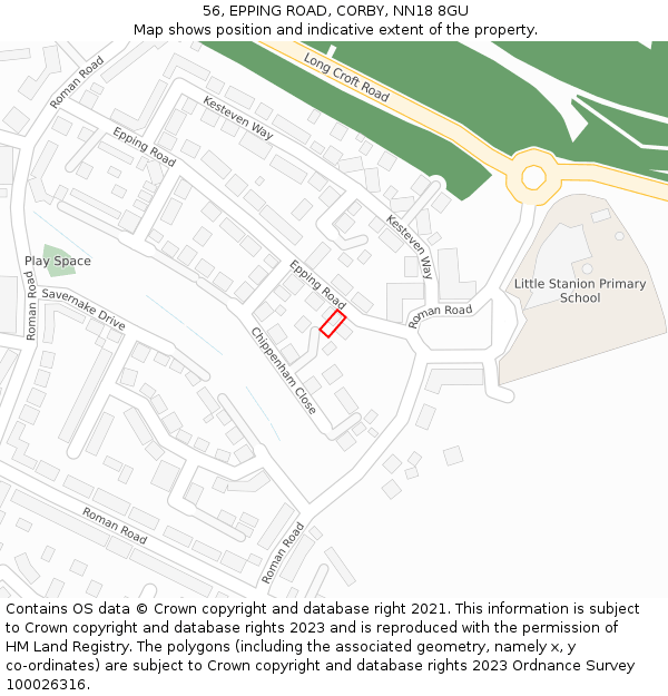 56, EPPING ROAD, CORBY, NN18 8GU: Location map and indicative extent of plot
