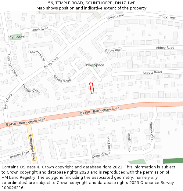 56, TEMPLE ROAD, SCUNTHORPE, DN17 1WE: Location map and indicative extent of plot