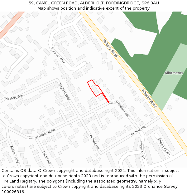 59, CAMEL GREEN ROAD, ALDERHOLT, FORDINGBRIDGE, SP6 3AU: Location map and indicative extent of plot