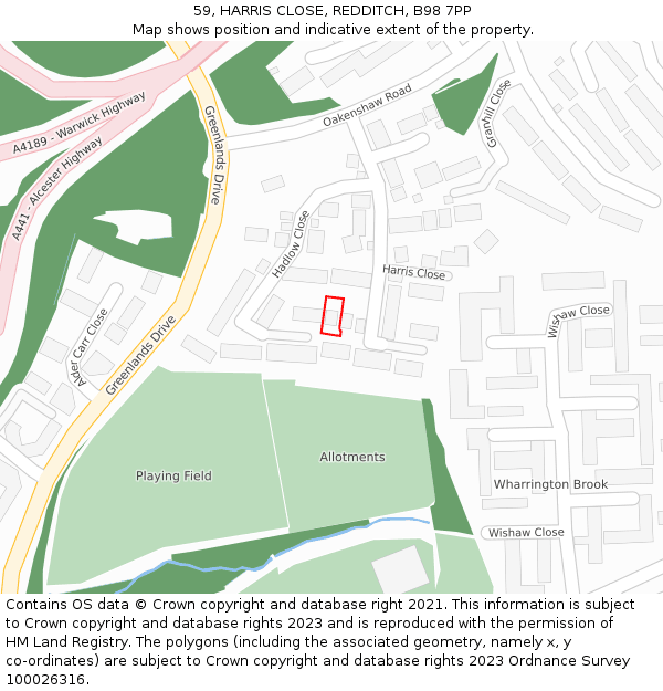 59, HARRIS CLOSE, REDDITCH, B98 7PP: Location map and indicative extent of plot