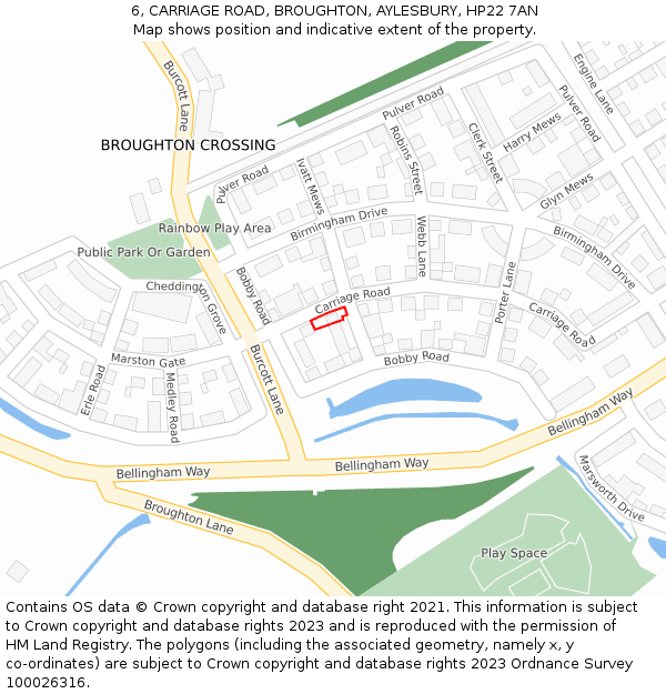 6, CARRIAGE ROAD, BROUGHTON, AYLESBURY, HP22 7AN: Location map and indicative extent of plot
