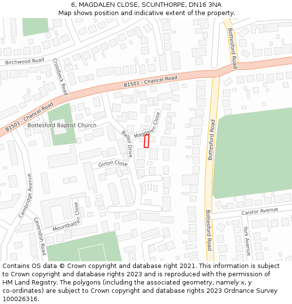 6, MAGDALEN CLOSE, SCUNTHORPE, DN16 3NA: Location map and indicative extent of plot