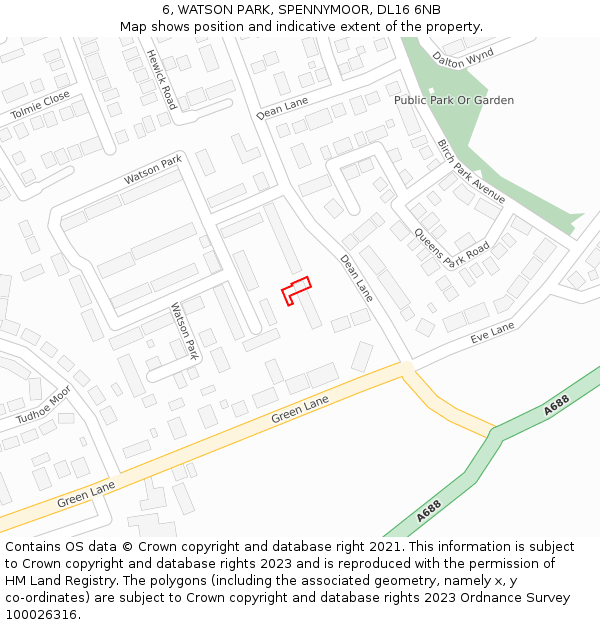 6, WATSON PARK, SPENNYMOOR, DL16 6NB: Location map and indicative extent of plot