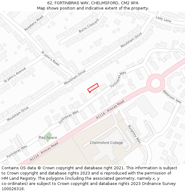 62, FORTINBRAS WAY, CHELMSFORD, CM2 9PA: Location map and indicative extent of plot
